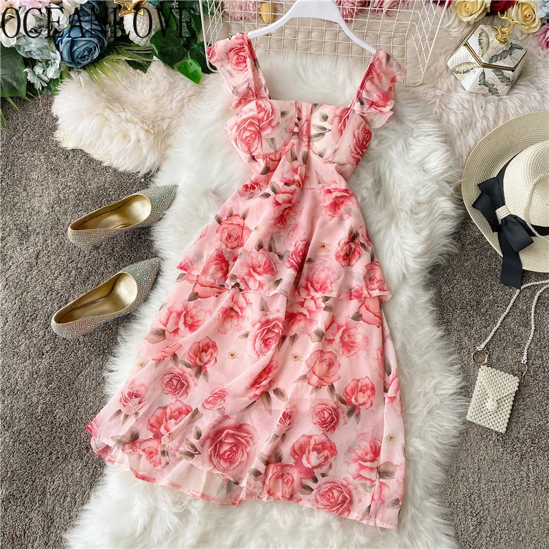

OCEANLOVE Beach Style Print Vestidos Floral 2020 Bohemian High Waist Ruffles Sleeveless Women Dress A-line Dresses Sexy 14459