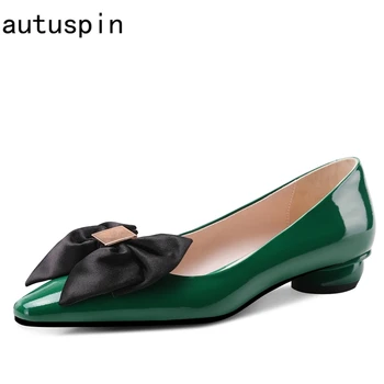 

Autumn Female Elegant Shallow Genuine Leather Pumps 2020 Sweet Bow Tie Pointed Toe Women Chunky Heels OL Office Casual Shoes Red