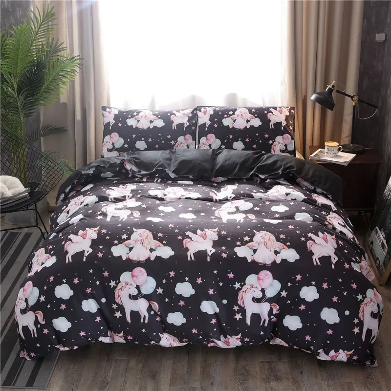 

Bedding Set Black White Unicorn Three-piece Cotton Sheet Kids Christmas Bedroom Double Bed King Size Duvet Cover 3D Pillowcases