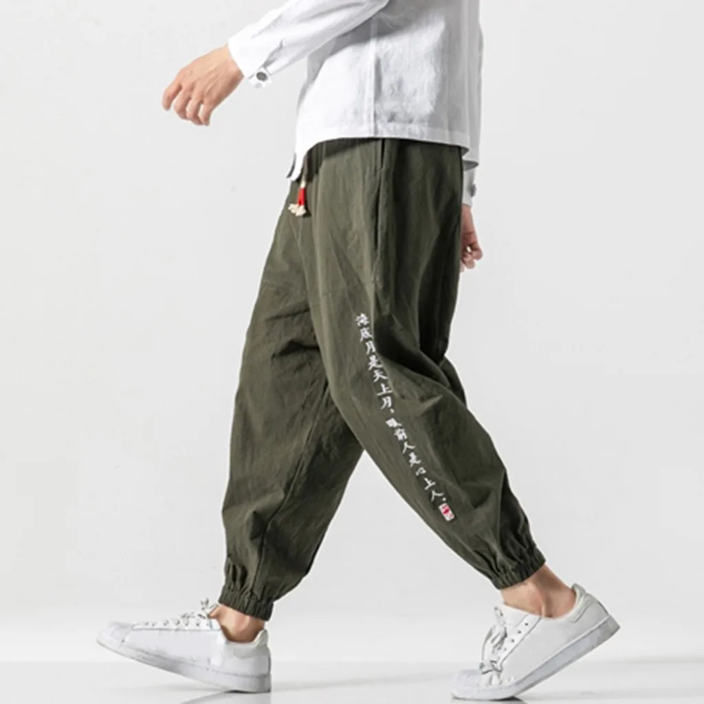 Sweatpants Men's New Style Joggers Fashion Flax Retro Trousers Large Individualized Printed Hip Hop Trouser Full Length Pants