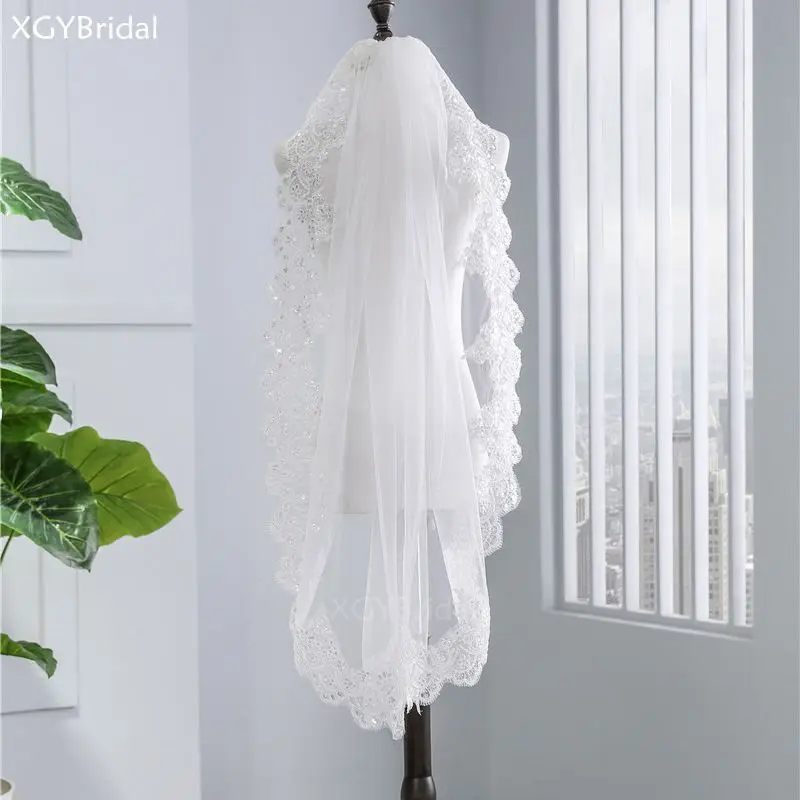 

New Arrival Lace Sequin Appliques Tulle Bridal Veils One-Layer Short Wedding Veils with Comb Wedding Accessories Velo de Novia