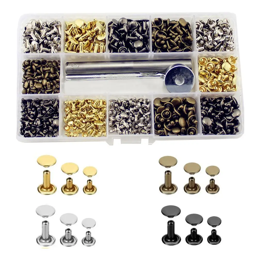 

360 Sets Brass Leather Rivets 3 Sizes 4 Colors Double Cap Tire Studs With Setting Tool Kit Handmade DIY Craft Decoration