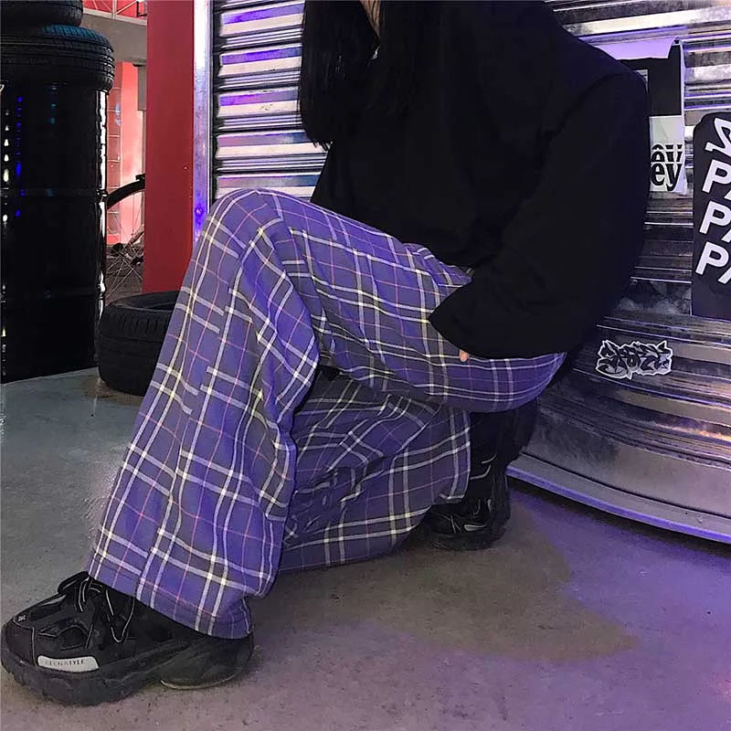 Ceny NiceMix harajuku Plaid elastyczne spodnie z wysokim stanem 2019 jesień kobiety mężczyźni Streetwear Hip Hop proste spodnie spodnie w stylu casual britis