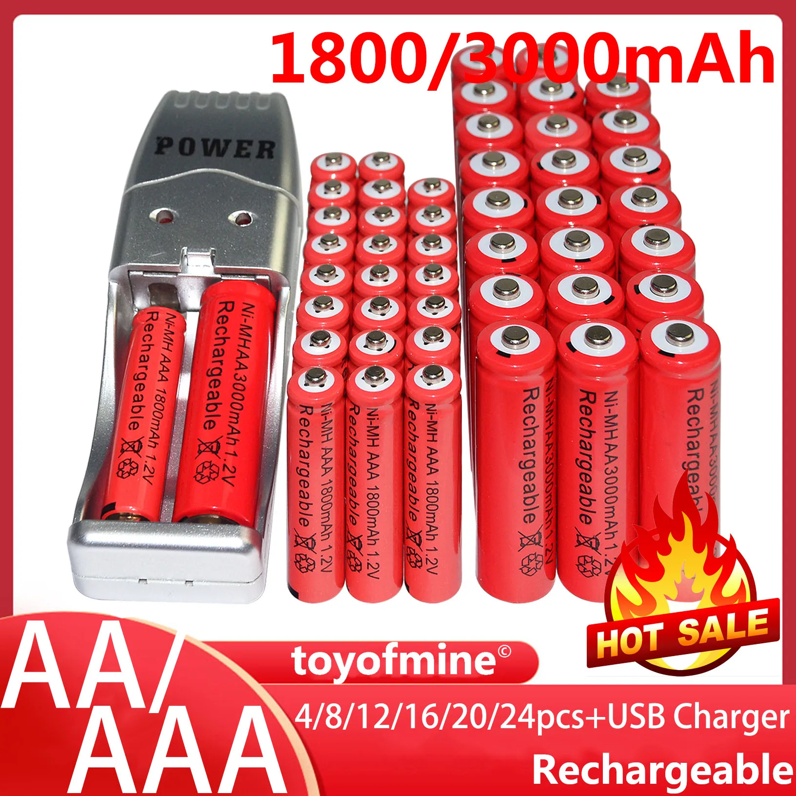 2-24 AA 2A AAA 3A Red Color 1.2V Ni-MH 1800mAh Rechargeable Battery + USB Charger | Электроника