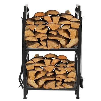 

Double Layer Firewood Holder With Animal Pattern And Tools Fireplace Backyard Patio Firewood Log Rack Wood Storage Holder Black