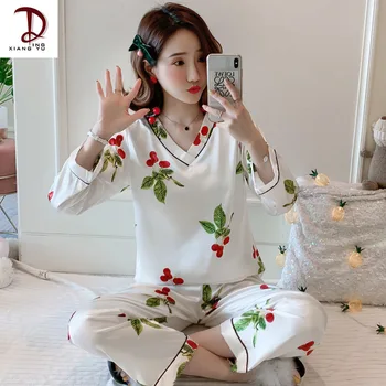 

Silk Pajamas Women's Spring and Autumn Long Sleeve Ice Silk Thin V-neck Sweet Women's Pajamas Home Wear Two-Piece Set Spring