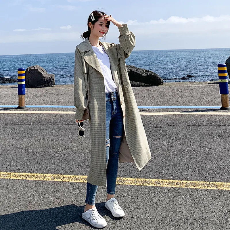 

2019 Early Autumn Coat Women's INS Mid-length Loose-Fit Students Plaid College Style Single Breasted Mori Girl England Trench Co