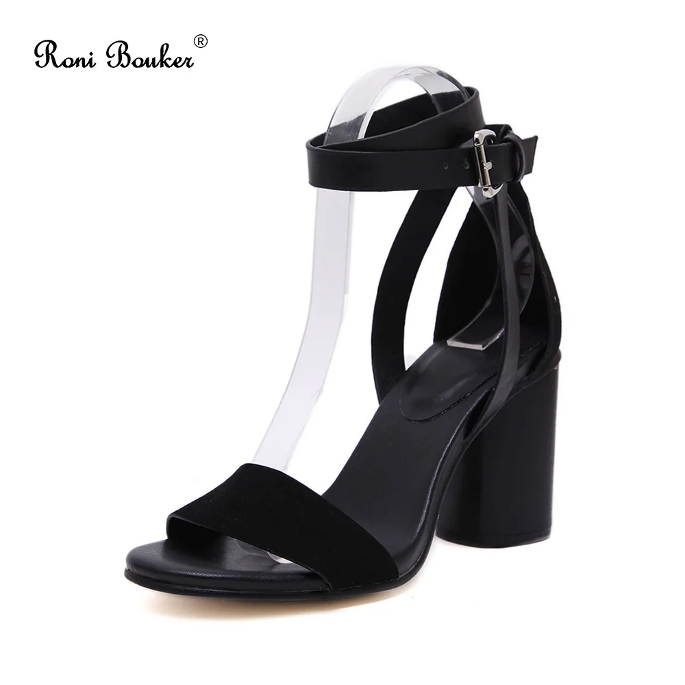 Roni Bouker/женские Босоножки на каблуке с ремешком на щиколотке Летняя обувь женские Босоножки с открытым носком на высоком массивном каблуке под вечернее платье большие размеры; цвет черный, коричневый - Цвет: Black