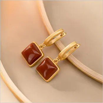 

Natural South Red chalcedony geometric Square Earrings Chinese style retro unique ancient gold craft charm women's brand jewelry