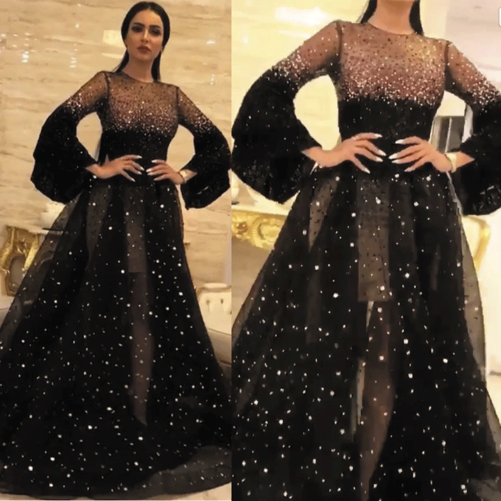 Vestido de Gala SuperKimJo, vestido negro brillante con cuentas, cristales  árabes, de lujo, manga larga, 2020|Vestidos de graduación| - AliExpress
