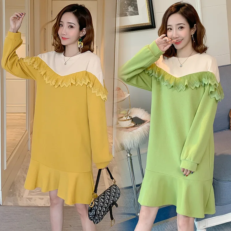 

2019 Autumn And Winter Fashion Pregnant Mother Moderate-Tops Autumn Fashion-Contrast Color Lace Korean-style Pregnant Women Dres