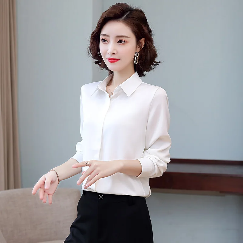 TingYiLi Elegant Office Wear Satin Silk Blouse Spring Autumn Long Sleeve Women's Tops Pink Yellow Blue Green Black White Shirt 2