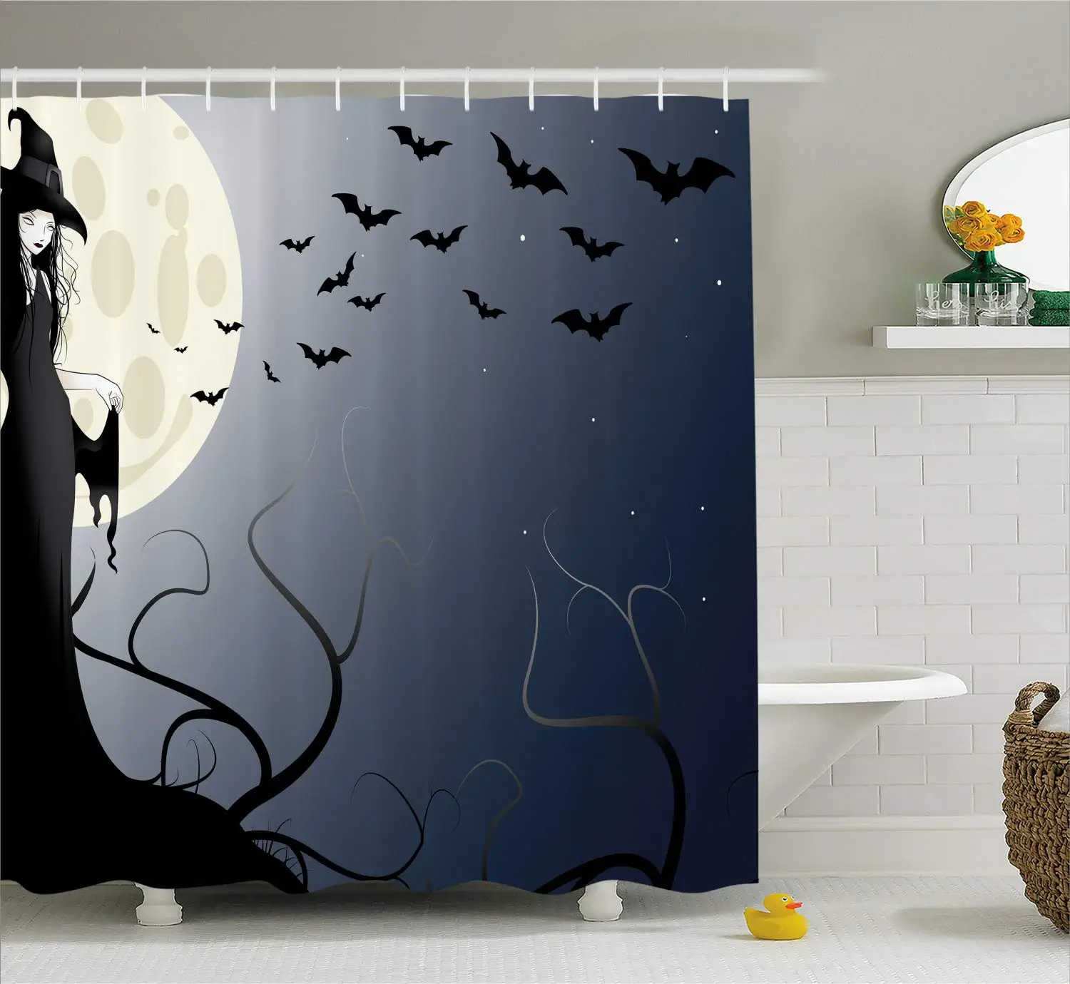 Shower Curtain with Carton Black Witch Spiders Bats in Scary Dark Night Forest Cloth Fabric Bathroom Decor Set | Дом и сад