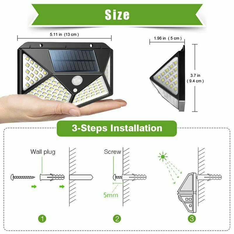 

100 LEDs Solar Power PIR Motion Sensor Wall Security Lights Garden/Outdoor Lamp