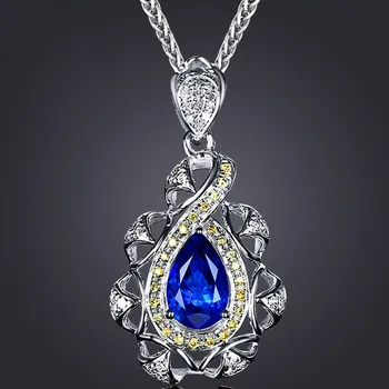 

Luxury Sapphire blue gemstones crystal pendant necklaces for women diamonds white gold silver color choker chain jewelry bijoux