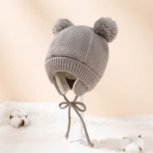 Śliczna czapka z dzianiny pompon czapka dla niemowląt gruba ciepła dziewczynka chłopiec kapelusz czapka zimowa ucho ciepła czapka dla dzieci czapeczka dla noworodka tanie tanio WONBO CN (pochodzenie) W wieku 0-6m 7-12m 13-24m 25-36m Akrylowe Wełniana Adjustable Unisex Stałe baby Knit Hat cute knit hat