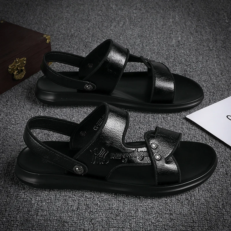 Popular Summer Beach Men Shoes Ankle-Wrap Mens Sandals Leather Black Brown Soft Slippers Man Slip on Sandals for Men Size 38-43