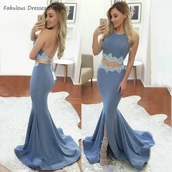

Two Pieces Mermaid Long Prom Dresses Applique Lace Halter Split Sweep Train Women Prom Dresses Party Gown Vestidos