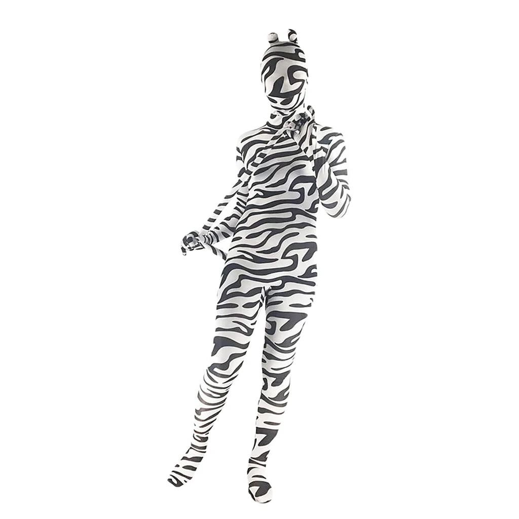 Full Body Zebra Bodysuit With Tail Ears Spandex Unitard Costume Outfit S-3XL