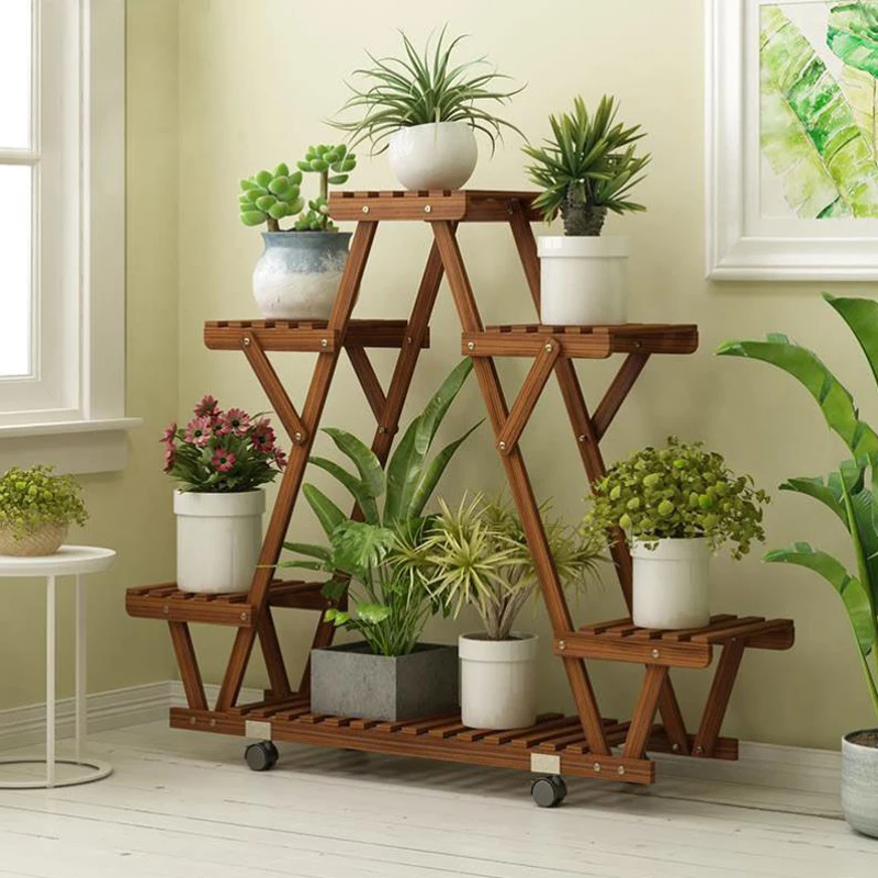 Triangular Plant Shelf 6 Potted Carbonized Wood Plant Holder Flower Pot Stand Display Storage Rack with Wheels for Garden 