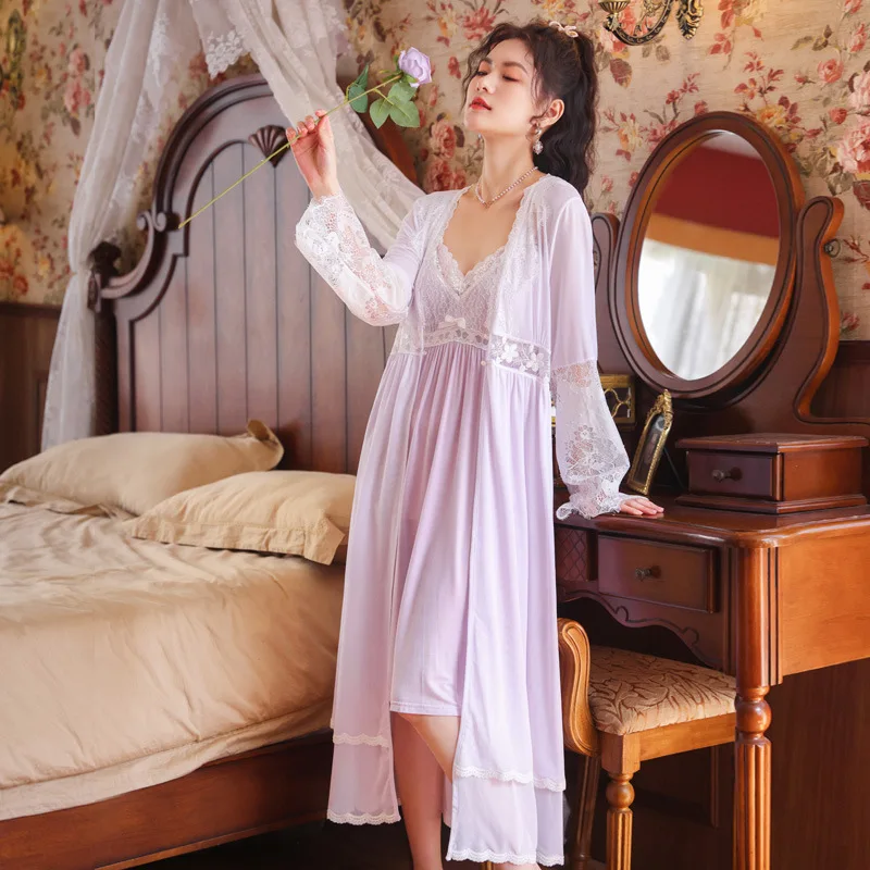 

Tulin Fashion Night Gown And Robe Women Sexy Mesh Lace Vintage Victorian Night Dress Bridesmaid Robes Pieces Lounge Sleepwear