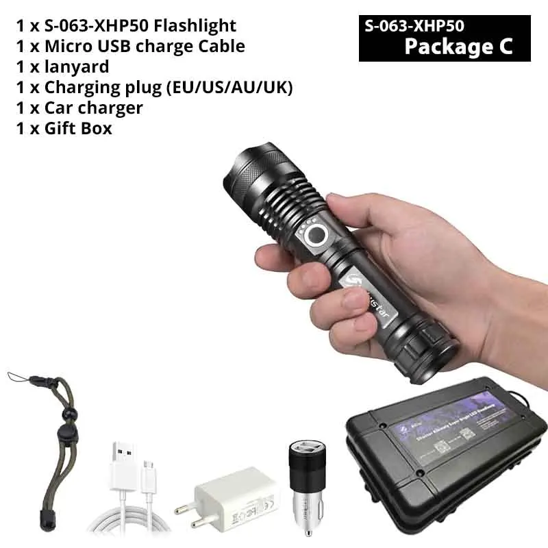 Мощный светодиодный светильник-вспышка XHP70.2, перезаряжаемый через USB, тактический фонарь, водонепроницаемый, с увеличением, 5 режимов, высокомощный, уличный светильник - Испускаемый цвет: S-063-Package C