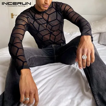 INCERUN 남성용 긴팔 프린트 메쉬 티셔츠, 캐주얼 O넥, 투명 섹시 티 탑, 스트리트웨어 파티, 나이트클럽 티셔츠
