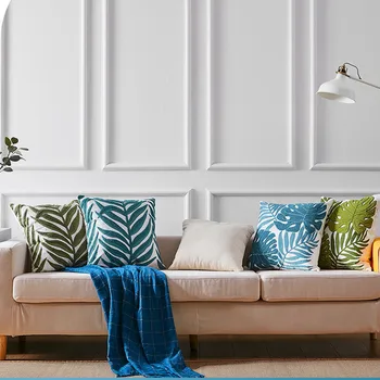 

Green Blue Leaves Embroidery Cushion Cover Home Decoration Cotton Canvas Tropical Pillow Cover 45x45cm Sofa PillowCase