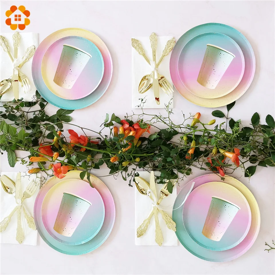 1set Disposable Tableware Rainbow Color Round Flat Paper Cup Paper Towel Party Supplies Birthday Wedding Party Decoration