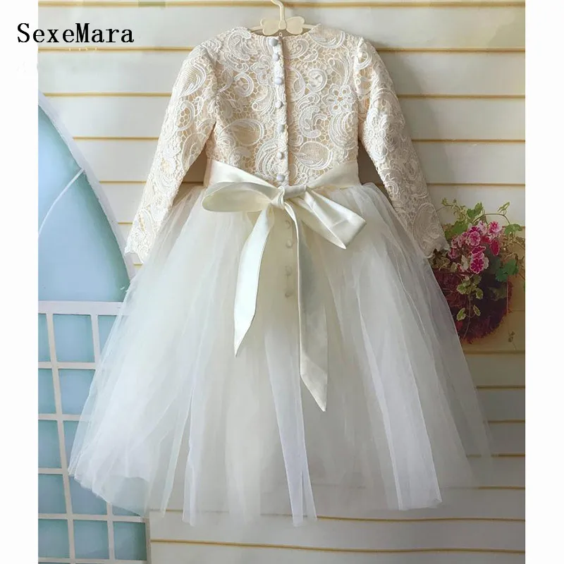

Lovely Girls Dresses Long Sleeve Flower Girl Dress for Wedding Beaded Belt Princess Party Gown Birthday Dress for Girls