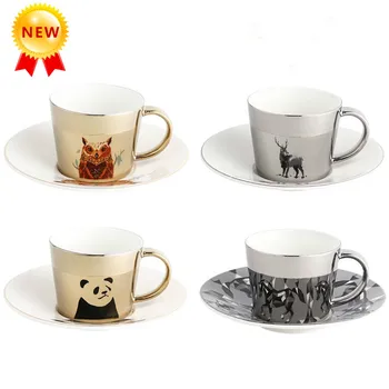 

2020 Creative Specular Reflection Coffee Mug with Tray Animal Series Mirror Reflection Coffee Cup Coffeeware Saucer Set