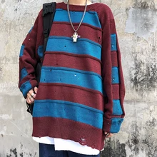 Winter Sweater Men Warm Fashion Contrast Color Casual Knit Sweaters Man Sweter Clothes Loose Striped Hole Pullover Men