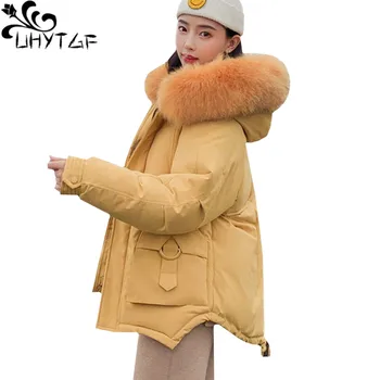 

UHYTGF Winter jacket womens Fur collar hooded parker coats Student short down jacket plus size Cotton outerwear parkas mujer 325