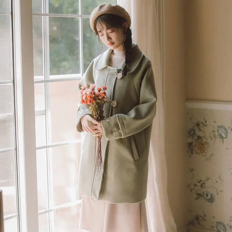 New Vintage Women Wool Blends Coat Full Sleeve Literature And Art Coats Outerwear Green 8888