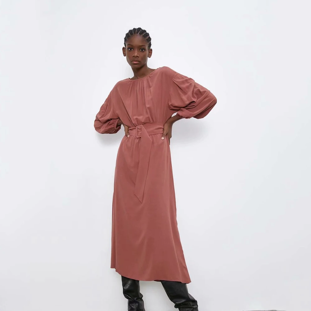 ZA 2019 осеннее романтическое розовое шифоновое платье с рюшами и круглым вырезом