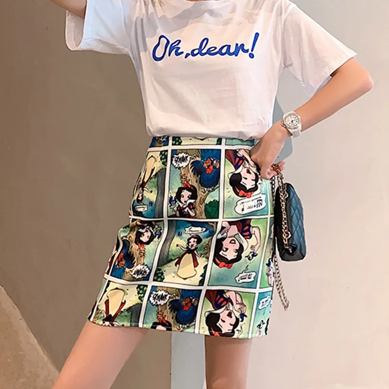 Корейский стиль юбки Ретро комический принт Высокая талия дикая линия юбка модная женская сумка бедра мини-юбка