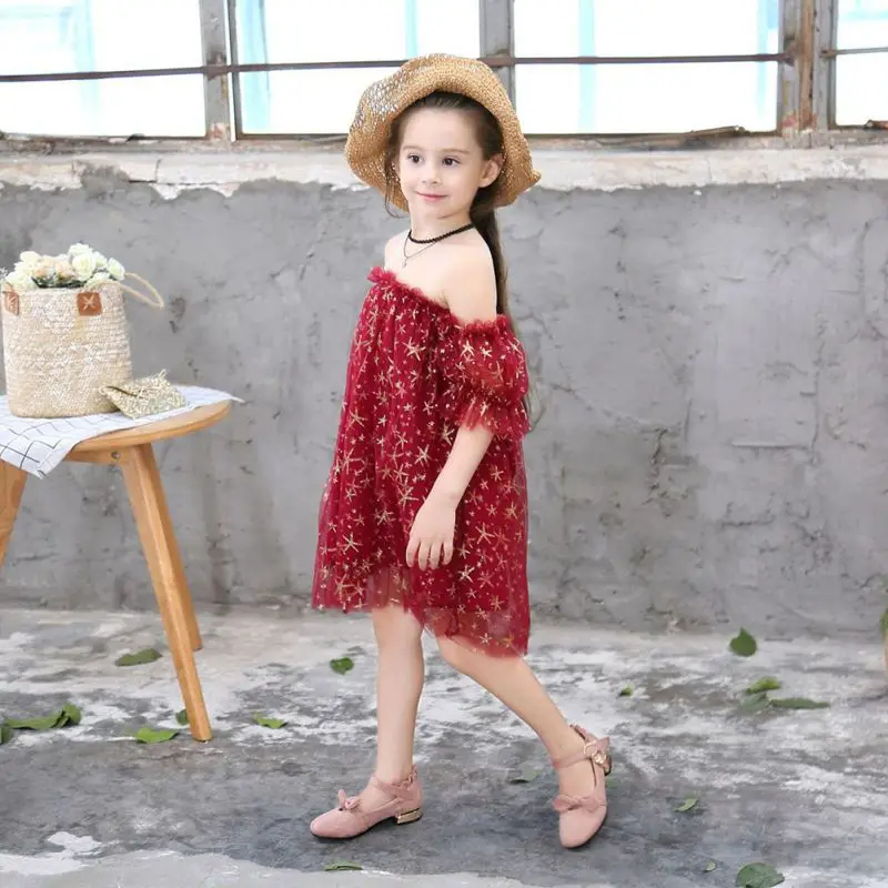 

WEIXINBUY Children Girl Summer Wedding Dress Gauze Stars Tulle Party Dresses For 2-8 Year Girl