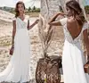 Robe de mariée en mousseline de soie, style Boho, Vintage, dentelle, ligne a, longueur au sol, col en v, brosse, traîne, dos nu, 2022 ► Photo 3/6