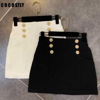 

2020 Spring Summer Skirt Women Double Breasted Golden Buttons Package Hip Office Skirts Short Mini Pencil Skirt Women