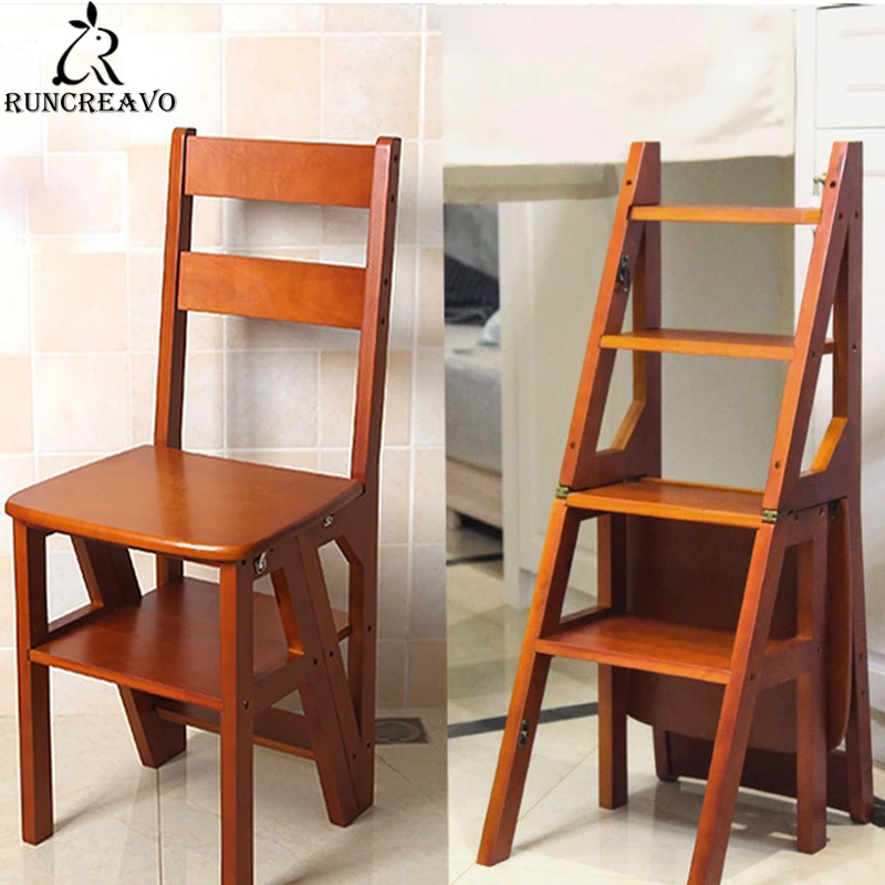 Solid Wood Folding Dining Chair Ladder Chair Fourlevel Stool Climbing Ladder Home Kitchen