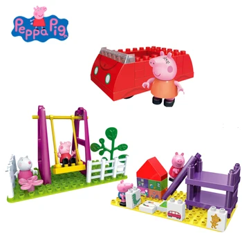 

Genuine Peppa Pig Building Blocks Set kids Car Slide Swing bricks toys with dolls children Birthday Brick Building Block Table