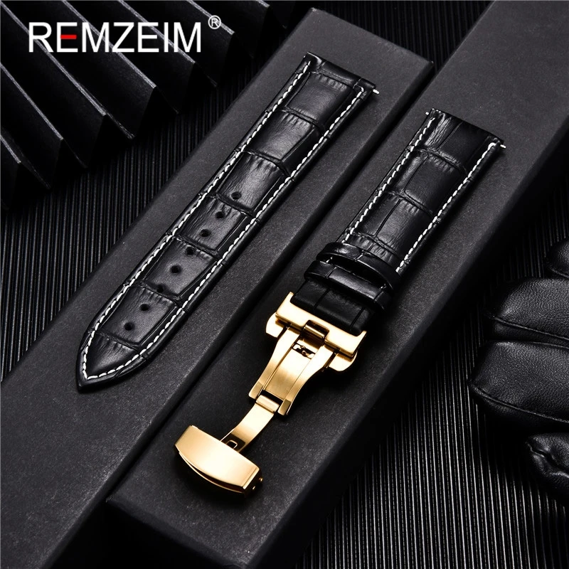 Embossed Genuine Leather Strap with Automatic Butterfly Buckle - Business Watchband
