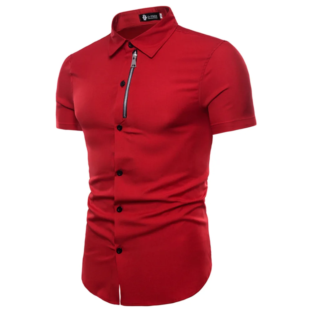 Новые брендовые летние мужские рубашки с коротким рукавом Chemise Homme пляжные на молнии деловые рубашки мужские уличные красные повседневные