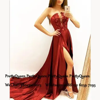 

Chic 3D-Floral Appliques Prom Dresses 2020 Red Long Chapel Train Split Strapless A LineFormal Evening Dress Vestido De Festa