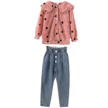 

Keelorn 2020 Autumn New Children Casual Clothing Sets 2PCS Polka Dot Print Tops + Solid Jeans Pants Fashion Suits for Girls