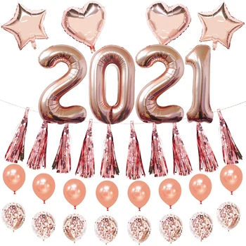 

Rose Gold Party Decorations Set 2021 Number Balloons Mylar Foil Heart Star Balloons Tassel Garland for Birthday Wedding Party