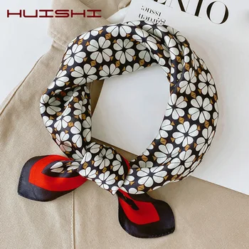 

HUISHI Scarf Top Luxury Brand Small Square Flower Scarf Silk Foulard Femme Cute Women's Wrap Handkerchief Bandanas Accessories