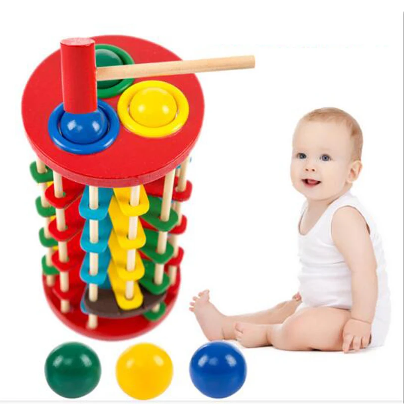 

Creative Pound And Roll Wooden Tower With Hammer Knock The Ball Rolling Off Ladder Early Education Baby Toys For Children