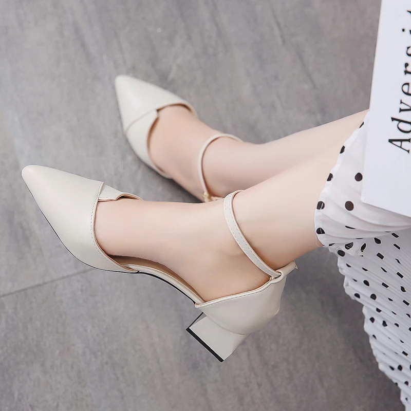 

Ankle Strap High Heel Sandals Women Pointed Toe Hollow Pumps Summer Elegant Square Heel Sandals Women 2020 beige pink black