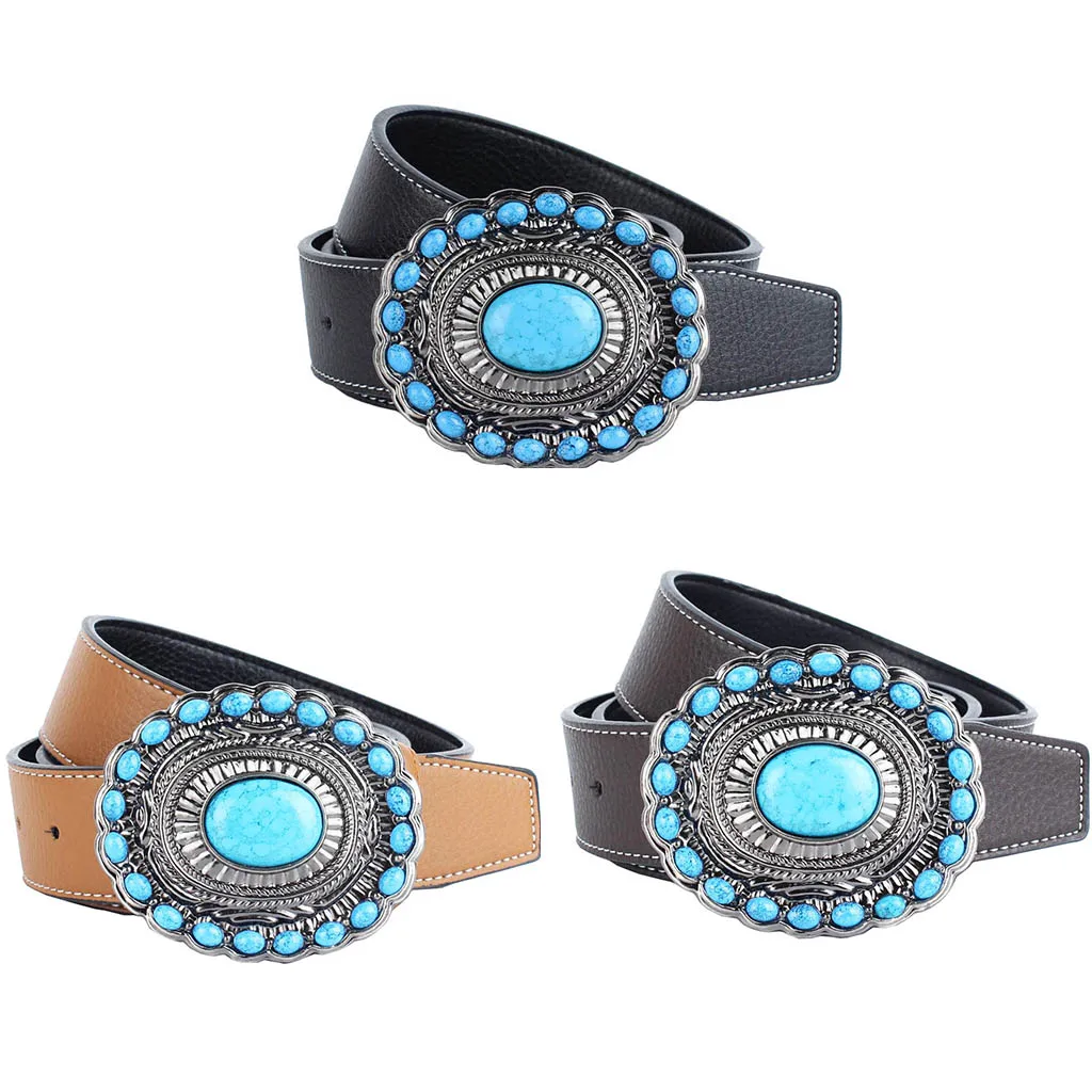Bohemian Western Cowboy PU Leather Strap Belt Gemstone Buckle Belt